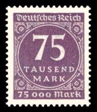 75 Tsd. M Briefmarke: Ziffern im Kreis und Posthorn, 75 Tsd. M