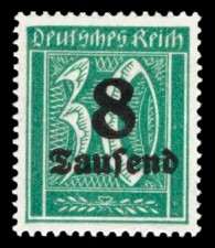 8 Tsd. auf 30 Pf Briefmarke: Große Ziffernzeichnung, 30 - mit Aufdruck 8 Tsd 8 Tsd. auf 30 Pf Briefmarke: Große Ziffernzeichnung, 30 - mit Aufdruck 8 Tsd