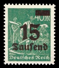 15 Tsd. auf 40 M Briefmarke: Arbeiter, Bauer, 40 M - mit Aufdruck 15 Tsd 15 Tsd. auf 40 M Briefmarke: Arbeiter, Bauer, 40 M - mit Aufdruck 15 Tsd