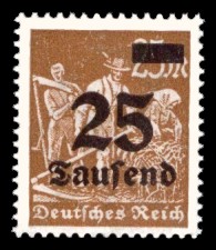 25 Tsd. auf 25 M Briefmarke: Arbeiter, Bauer, 25 M - mit Aufdruck 25 Tsd 25 Tsd. auf 25 M Briefmarke: Arbeiter, Bauer, 25 M - mit Aufdruck 25 Tsd