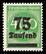 75 Tsd. auf 400 M Briefmarke: Ziffern im Kreis, 400 M - mit Aufdruck 75 Tsd 75 Tsd. auf 400 M Briefmarke: Ziffern im Kreis, 400 M - mit Aufdruck 75 Tsd