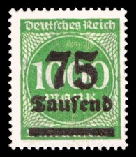 75 Tsd. auf 1000 M Briefmarke: Ziffern im Kreis, 1000 M - mit Aufdruck 75 Tsd 75 Tsd. auf 1000 M Briefmarke: Ziffern im Kreis, 1000 M - mit Aufdruck 75 Tsd