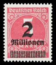 2 Mio. auf 5000 M Briefmarke: Ziffern im Kreis und Posthorn, 5 Tsd. M - mit Aufdruck 2 Mio 2 Mio. auf 5000 M Briefmarke: Ziffern im Kreis und Posthorn, 5 Tsd. M - mit Aufdruck 2 Mio