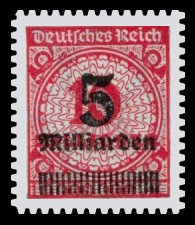 5 Mrd. auf 10 Mio. M Briefmarke: Korbdeckel, Rosettenmuster und Posthorn, 10 Mio - mit Aufdruck 5 Mrd 5 Mrd. auf 10 Mio. M Briefmarke: Korbdeckel, Rosettenmuster und Posthorn, 10 Mio - mit Aufdruck 5 Mrd