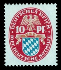 10 + 10 Pf Briefmarke: Deutsche Nothilfe 1928, Wappen, Bayern 10 + 10 Pf Briefmarke: Deutsche Nothilfe 1928, Wappen, Bayern
