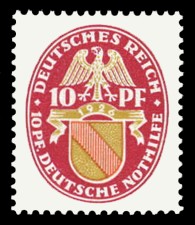 10 + 10 Pf Briefmarke: Deutsche Nothilfe 1928, Wappen, Baden 10 + 10 Pf Briefmarke: Deutsche Nothilfe 1928, Wappen, Baden