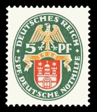 5 + 5 Pf Briefmarke: Deutsche Nothilfe 1928, Wappen, Hamburg