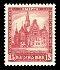 15 + 5 Rpf Briefmarke: Deutsche Nothilfe, Bauwerke, Breslauer Rathaus 15 + 5 Rpf Briefmarke: Deutsche Nothilfe, Bauwerke, Breslauer Rathaus