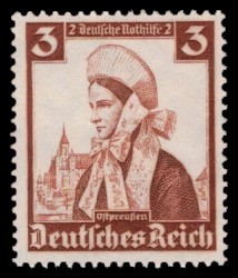 3 + 2 Pf Briefmarke: Deutsche Nothilfe, Volkstrachten, Ostpreußen 3 + 2 Pf Briefmarke: Deutsche Nothilfe, Volkstrachten, Ostpreußen