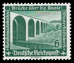 6 + 4 Pf Briefmarke: Winterhilfswerk, Bauten, Reichsautobahnbrücke über die Saale 6 + 4 Pf Briefmarke: Winterhilfswerk, Bauten, Reichsautobahnbrücke über die Saale