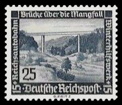 25 + 15 Pf Briefmarke: Winterhilfswerk, Bauten, Reichsautobahnbrücke über die Mangfall 25 + 15 Pf Briefmarke: Winterhilfswerk, Bauten, Reichsautobahnbrücke über die Mangfall