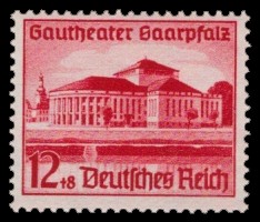 12 + 8 Pf Briefmarke: Eröffnung Gautheater Saarpfalz 12 + 8 Pf Briefmarke: Eröffnung Gautheater Saarpfalz