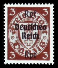 (3) Rpf auf 3 Pf Briefmarke: Freimarkenserie, Danzig mit Aufdruck (3) Rpf auf 3 Pf Briefmarke: Freimarkenserie, Danzig mit Aufdruck