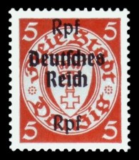 (5) Rpf auf 5 Pf Briefmarke: Freimarkenserie, Danzig mit Aufdruck (5) Rpf auf 5 Pf Briefmarke: Freimarkenserie, Danzig mit Aufdruck
