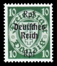 (10) Rpf auf 10 Pf Briefmarke: Freimarkenserie, Danzig mit Aufdruck (10) Rpf auf 10 Pf Briefmarke: Freimarkenserie, Danzig mit Aufdruck