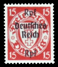 (15) Rpf auf 15 Pf Briefmarke: Freimarkenserie, Danzig mit Aufdruck