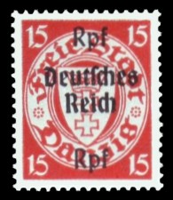(15) Rpf auf 15 Pf Briefmarke: Freimarkenserie, Danzig mit Aufdruck (15) Rpf auf 15 Pf Briefmarke: Freimarkenserie, Danzig mit Aufdruck