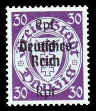 (30) Rpf auf 30 Pf Briefmarke: Freimarkenserie, Danzig mit Aufdruck (30) Rpf auf 30 Pf Briefmarke: Freimarkenserie, Danzig mit Aufdruck