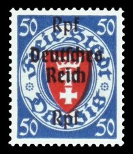 (50) Rpf auf 50 Pf Briefmarke: Freimarkenserie, Danzig mit Aufdruck (50) Rpf auf 50 Pf Briefmarke: Freimarkenserie, Danzig mit Aufdruck