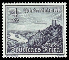4 + 3 Pf Briefmarke: Winterhilfswerk, Bauwerke, Drachenfels am Rhein 4 + 3 Pf Briefmarke: Winterhilfswerk, Bauwerke, Drachenfels am Rhein