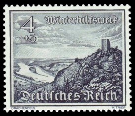 4 + 3 Pf Briefmarke: Winterhilfswerk, Bauwerke, Drachenfels am Rhein