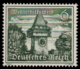 6 + 4 Pf Briefmarke: Winterhilfswerk, Bauwerke, Uhrturm Graz 6 + 4 Pf Briefmarke: Winterhilfswerk, Bauwerke, Uhrturm Graz