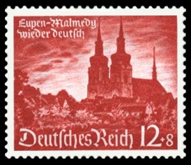 12 + 8 Pf Briefmarke: Eingliederung von Eupen, Malmedy und Moresnet ins Deutsche Reich