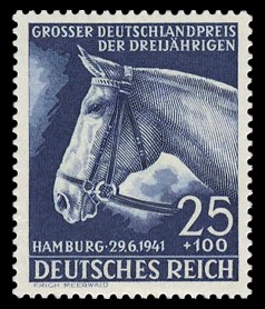 25 + 100 Pf Briefmarke: Pferderennen: Gro&szlig;er Deutschland-Preis der Dreij&auml;hrigen 1941