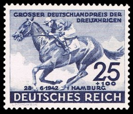 25 + 100 Pf Briefmarke: Pferderennen: Gro&szlig;er Deutschland-Preis der Dreij&auml;hrigen 1942