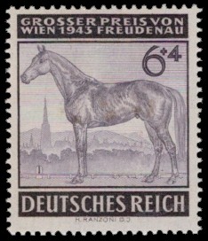 6 + 4 Pf Briefmarke: Pferderennen: Großer Preis von Wien, 1943 6 + 4 Pf Briefmarke: Pferderennen: Großer Preis von Wien, 1943