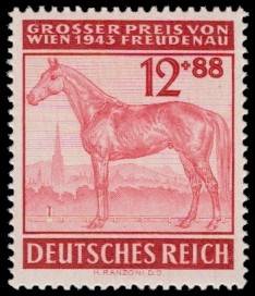 12 + 88 Pf Briefmarke: Pferderennen: Großer Preis von Wien, 1943 12 + 88 Pf Briefmarke: Pferderennen: Großer Preis von Wien, 1943