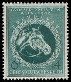6 + 4 Pf Briefmarke: Pferderennen: Großer Preis von Wien, 1944 6 + 4 Pf Briefmarke: Pferderennen: Großer Preis von Wien, 1944
