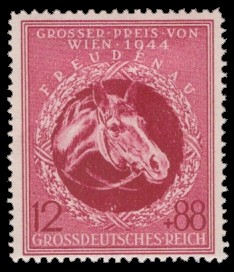 12 + 88 Pf Briefmarke: Pferderennen: Großer Preis von Wien, 1944