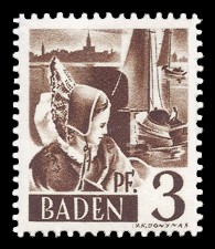 3 Rpf Briefmarke: Persönlichkeiten und Ansichten aus Baden I, Trachtenmädchen
