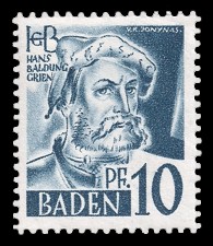 10 Rpf Briefmarke: Persönlichkeiten und Ansichten aus Baden I, H. Baldung