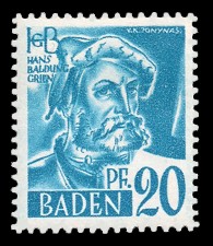 20 Rpf Briefmarke: Persönlichkeiten und Ansichten aus Baden I, H. Baldung