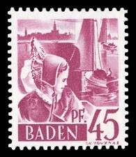 45 Rpf Briefmarke: Persönlichkeiten und Ansichten aus Baden I, Trachtenmädchen