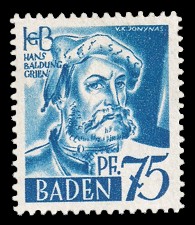 75 Rpf Briefmarke: Persönlichkeiten und Ansichten aus Baden I, H. Baldung