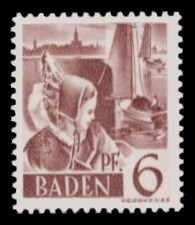 6 Pf Briefmarke: Persönlichkeiten und Ansichten aus Baden II, Trachtenmädchen