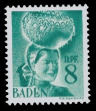 8 Pf Briefmarke: Persönlichkeiten und Ansichten aus Baden II, Schwarzwaldmädel 8 Pf Briefmarke: Persönlichkeiten und Ansichten aus Baden II, Schwarzwaldmädel