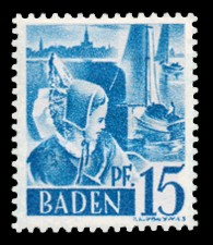 15 Pf Briefmarke: Pers&ouml;nlichkeiten und Ansichten aus Baden II, Trachtenm&auml;dchen
