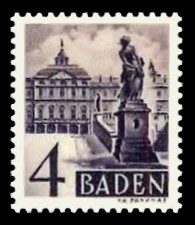 4 Pf Briefmarke: Persönlichkeiten und Ansichten aus Baden III, Schloss Rastatt 4 Pf Briefmarke: Persönlichkeiten und Ansichten aus Baden III, Schloss Rastatt