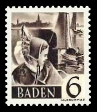 6 Pf Briefmarke: Persönlichkeiten und Ansichten aus Baden III, Trachtenmädchen