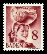 8 Pf Briefmarke: Persönlichkeiten und Ansichten aus Baden III, Schwarzwaldmädel 8 Pf Briefmarke: Persönlichkeiten und Ansichten aus Baden III, Schwarzwaldmädel