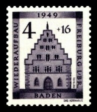 4 + 16 Pf Briefmarke: Wiederaufbau Freiburg im Breisgau, Kornhaus