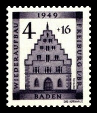 4 + 16 Pf Briefmarke: Wiederaufbau Freiburg im Breisgau, Kornhaus 4 + 16 Pf Briefmarke: Wiederaufbau Freiburg im Breisgau, Kornhaus