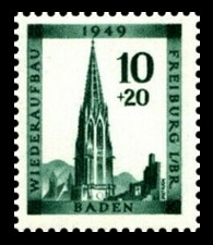 10 + 20 Pf Briefmarke: Wiederaufbau Freiburg im Breisgau, Freiburger Münster