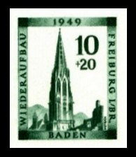10 + 20 Pf Briefmarke: Wiederaufbau Freiburg im Breisgau, Freiburger Münster 10 + 20 Pf Briefmarke: Wiederaufbau Freiburg im Breisgau, Freiburger Münster