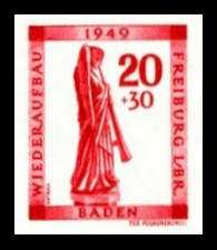 20 + 30 Pf Briefmarke: Wiederaufbau Freiburg im Breisgau, Posaunenengel 20 + 30 Pf Briefmarke: Wiederaufbau Freiburg im Breisgau, Posaunenengel