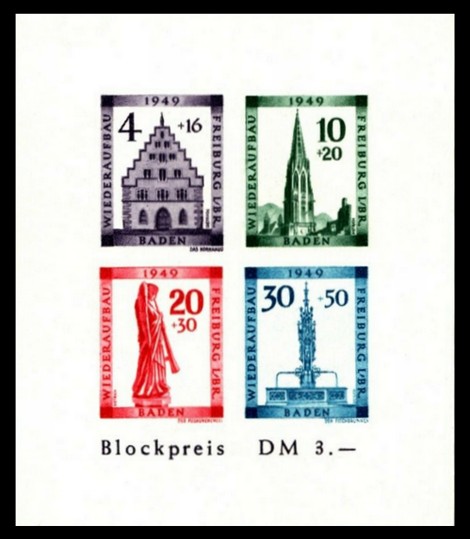 3 DM Briefmarke: Block: Wiederaufbau Freiburg im Breisgau 3 DM Briefmarke: Block: Wiederaufbau Freiburg im Breisgau
